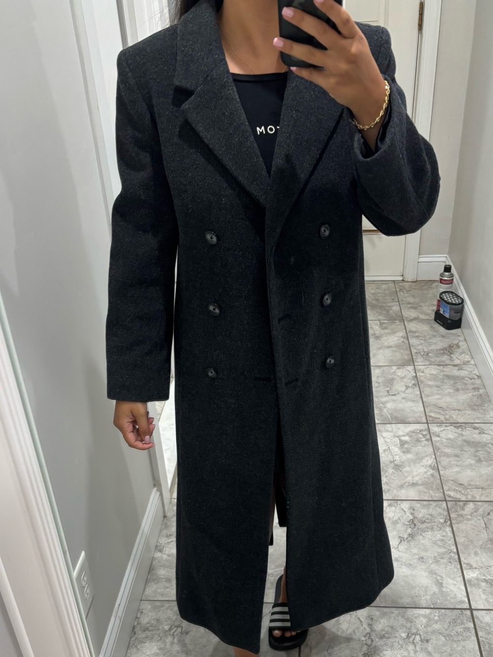 Long Wool Double-Breasted Women's Coat in Dark Gray